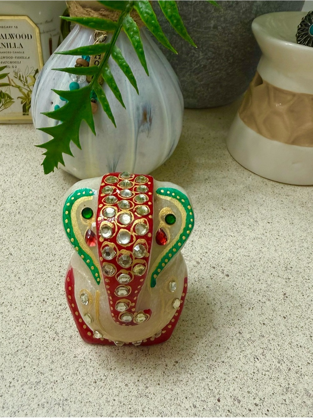 Indian Kunden Studded Stones Marble Ganesha Statue Hand Painted Home Decor